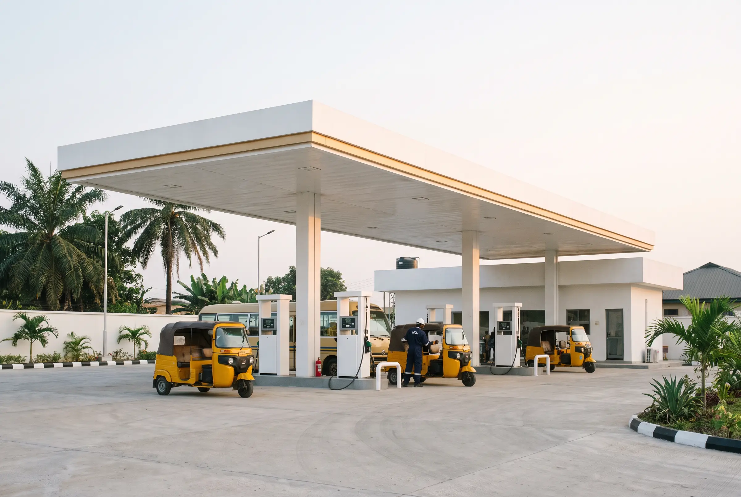 A modern CNG filling station with tricycles refuelling