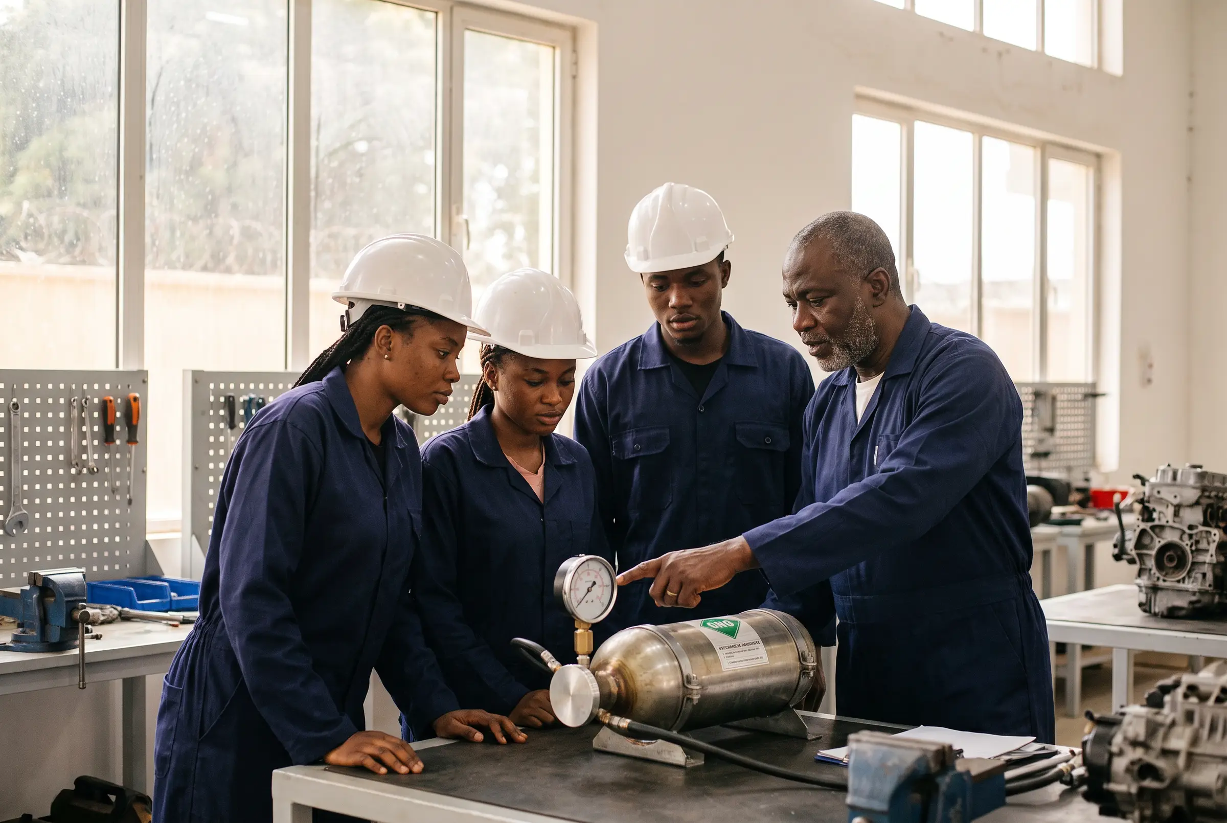 Young graduates in safety helmets learning to inspect a CNG cylinder kit